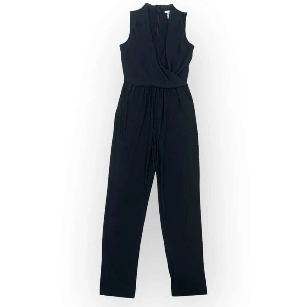 bar III Black Sleeveless Draped Faux Wrap Jumpsuit Elastic Waist‎ XS